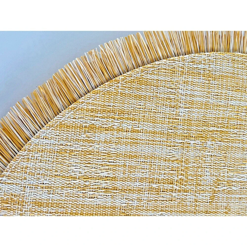 Tribeca Fringe Placemats 15” Round Yellow Gold PVC Easy Care Summer Set Of 6